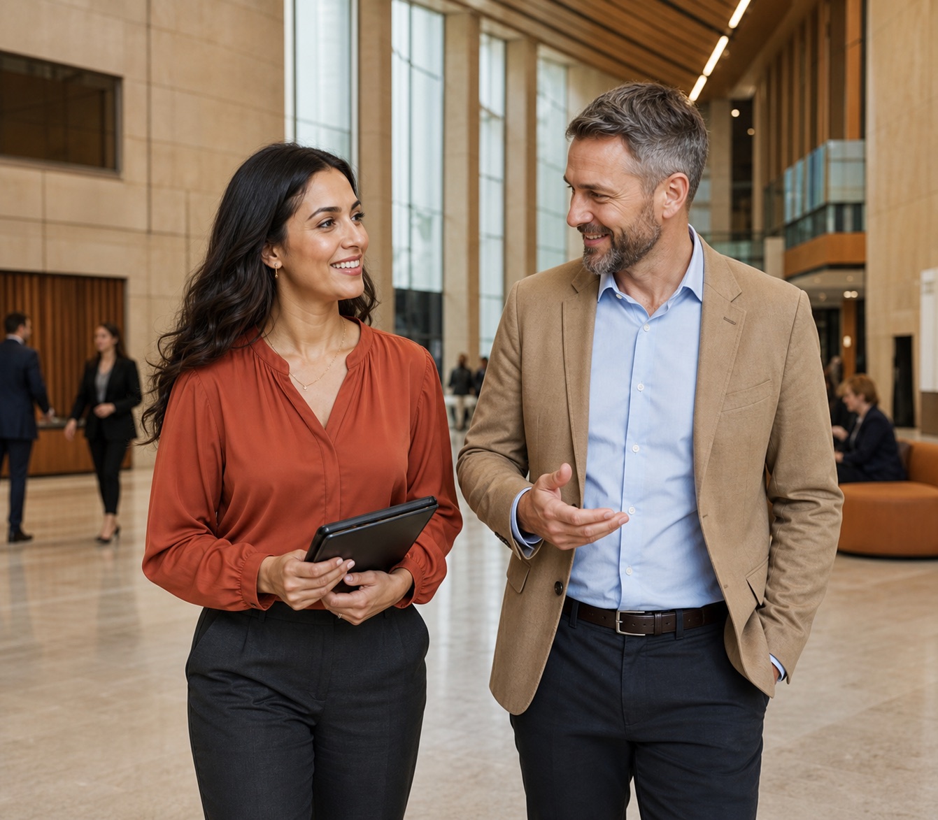 Experienced Australian professional discussing a public-sector application in a contemporary civic atrium.
