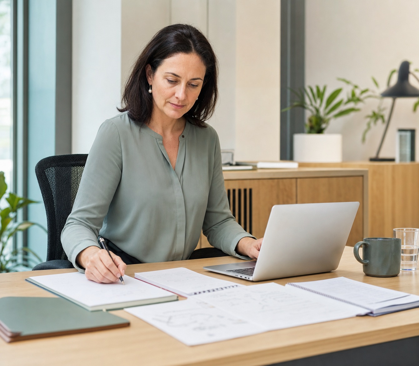 Australian professional preparing a structured selection-criteria response with an adviser.