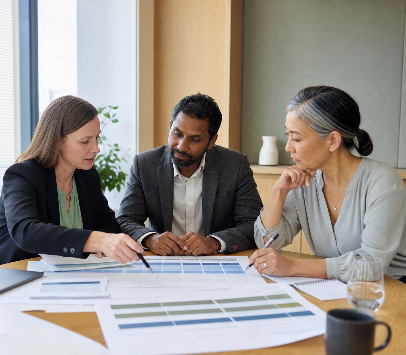 Three-person selection panel reviewing structured candidate evidence together.