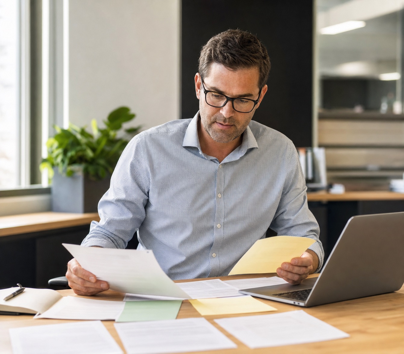 Australian professional comparing a role brief with evidence notes before writing selection criteria.
