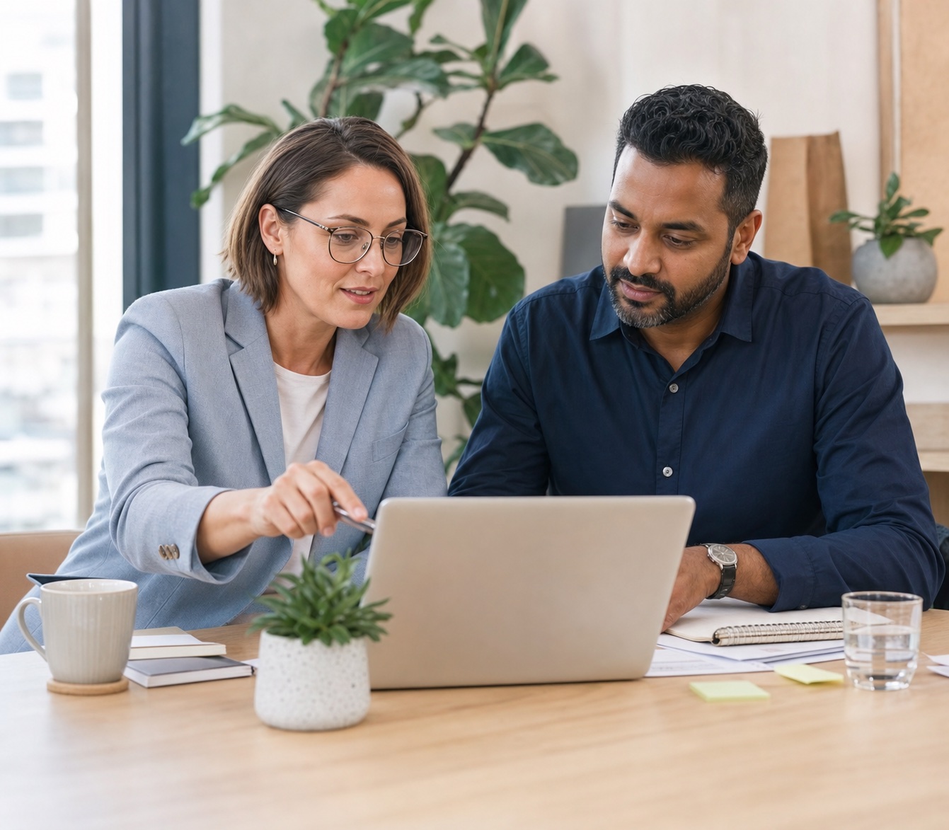 Career adviser and public-sector professional reviewing a selection-criteria draft together.