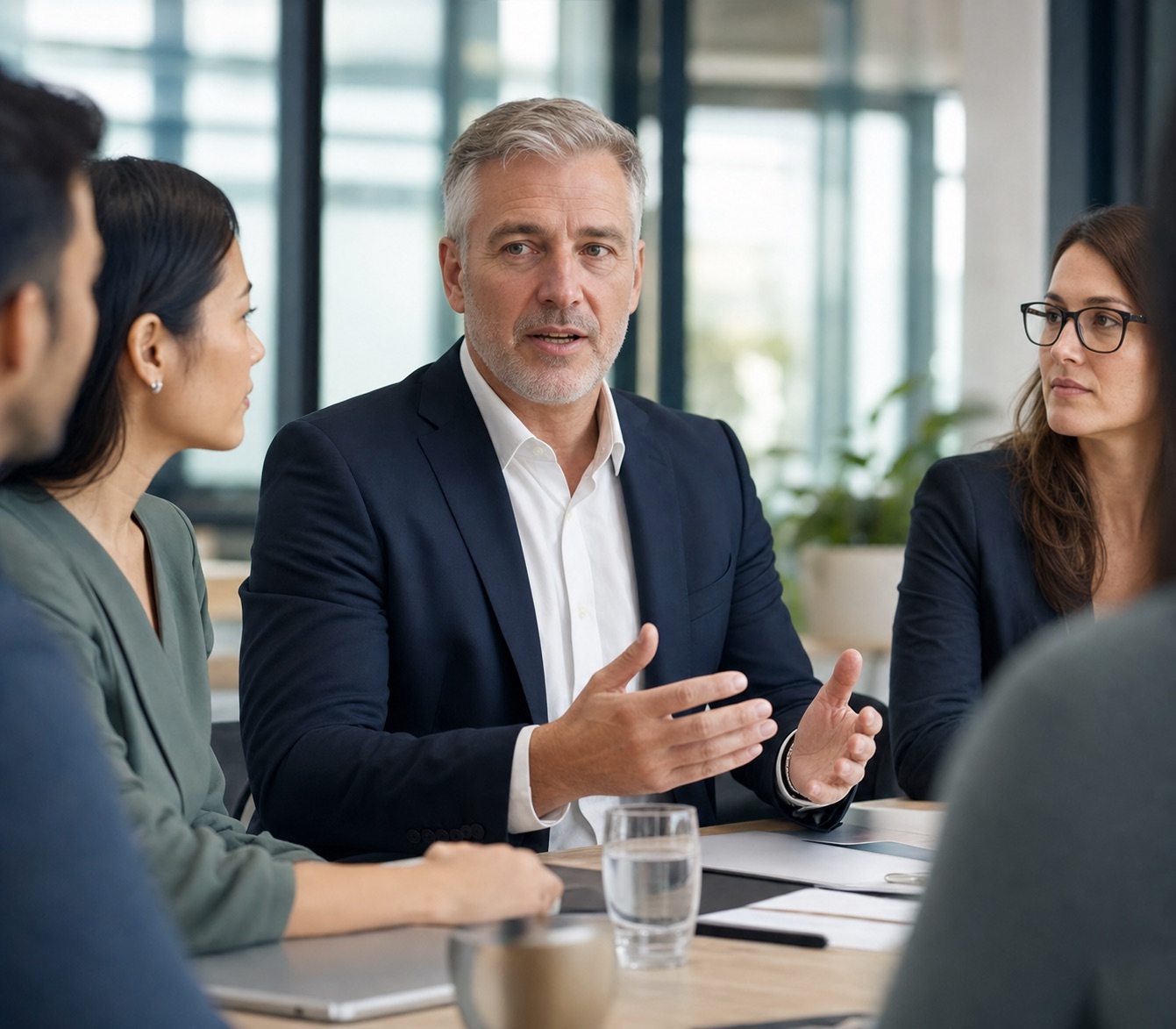 Senior leader guiding a strategic discussion with an executive leadership group.