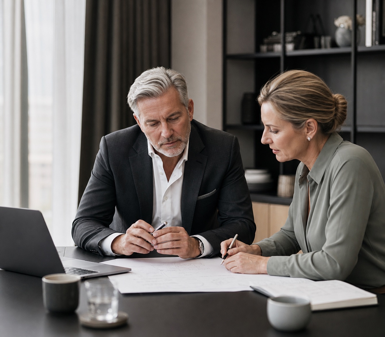 Senior executive refining a leadership narrative with a trusted adviser.