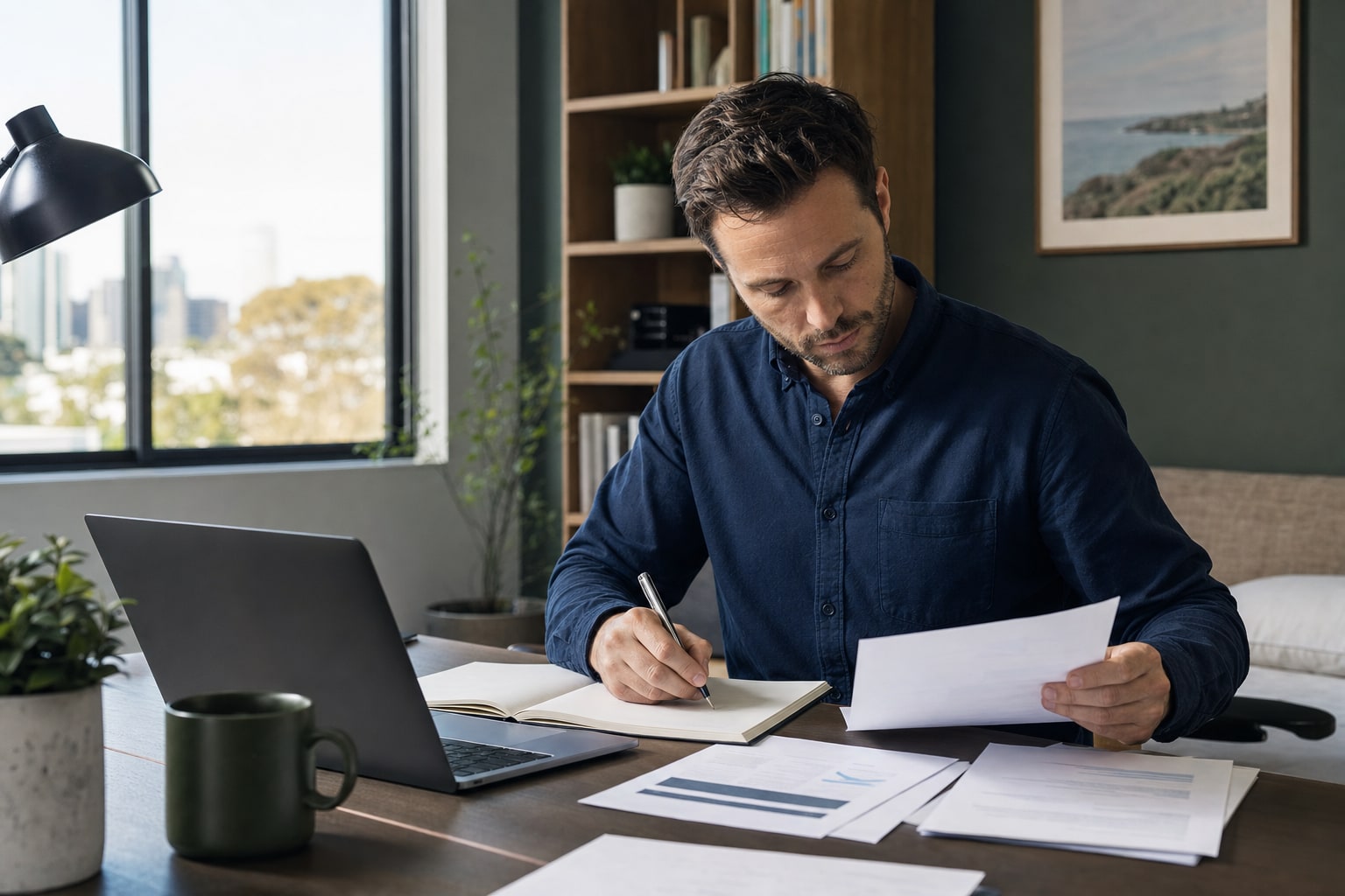 Australian professional cross-checking a candidate pack while drafting a concise public-sector application at home.