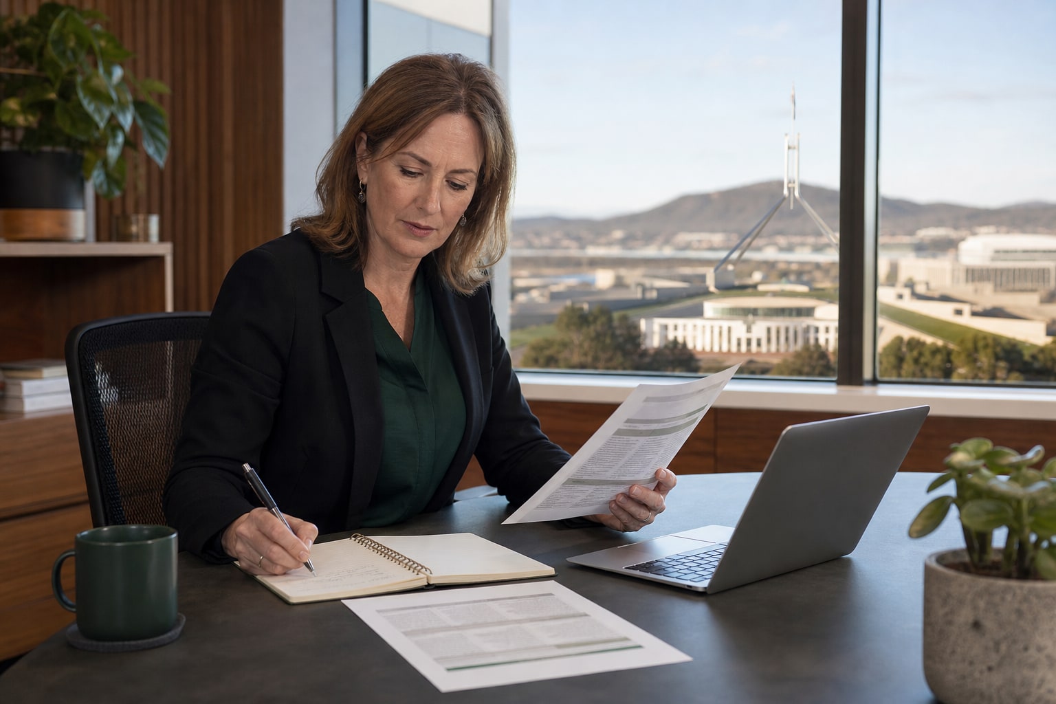 Experienced Australian professional comparing role-level documents and recording evidence in a Canberra workplace.