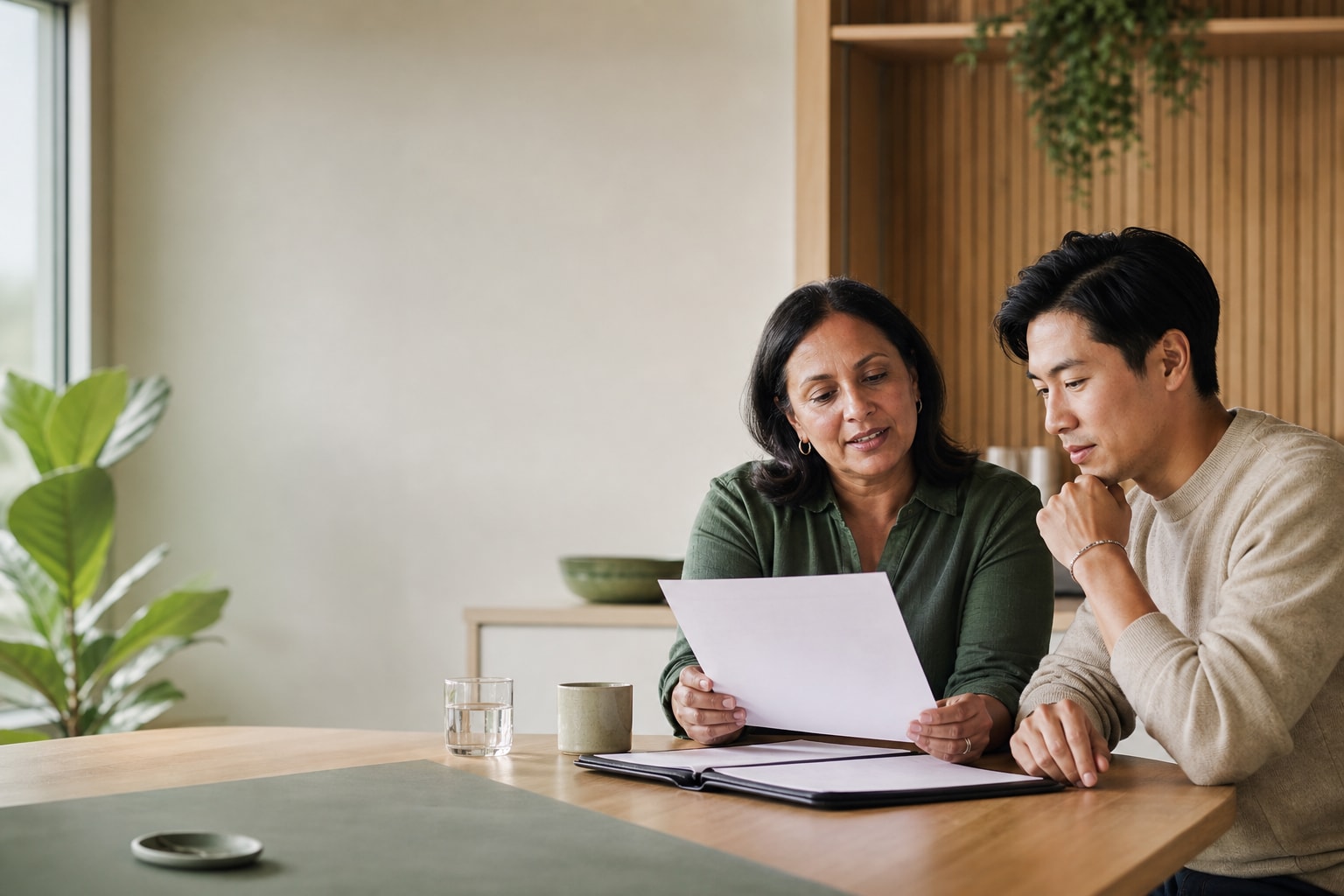 Two Australian professionals reviewing a role brief together in a calm contemporary civic workplace.