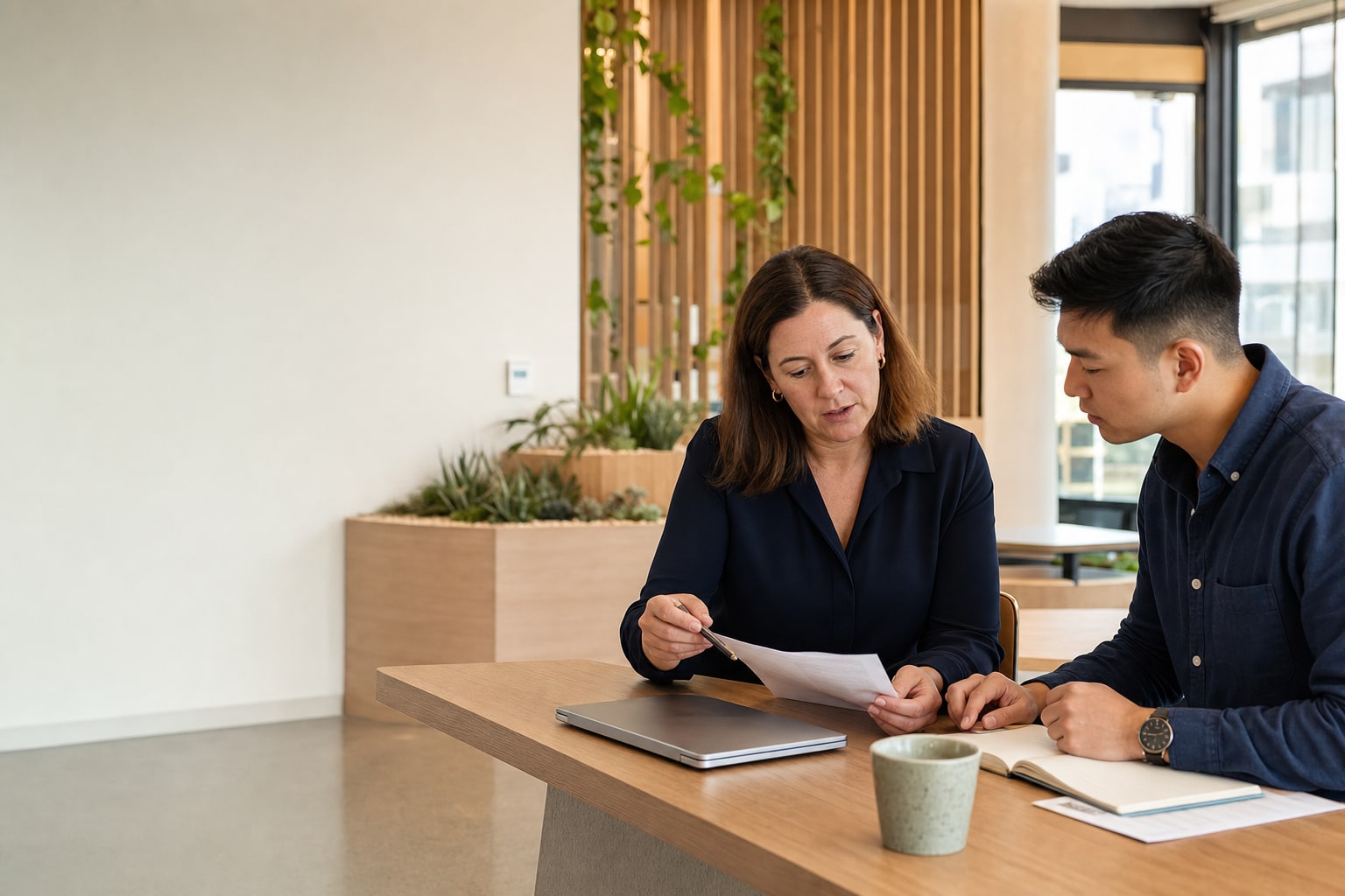 Two Australian professionals reviewing documents together in a contemporary civic workplace.