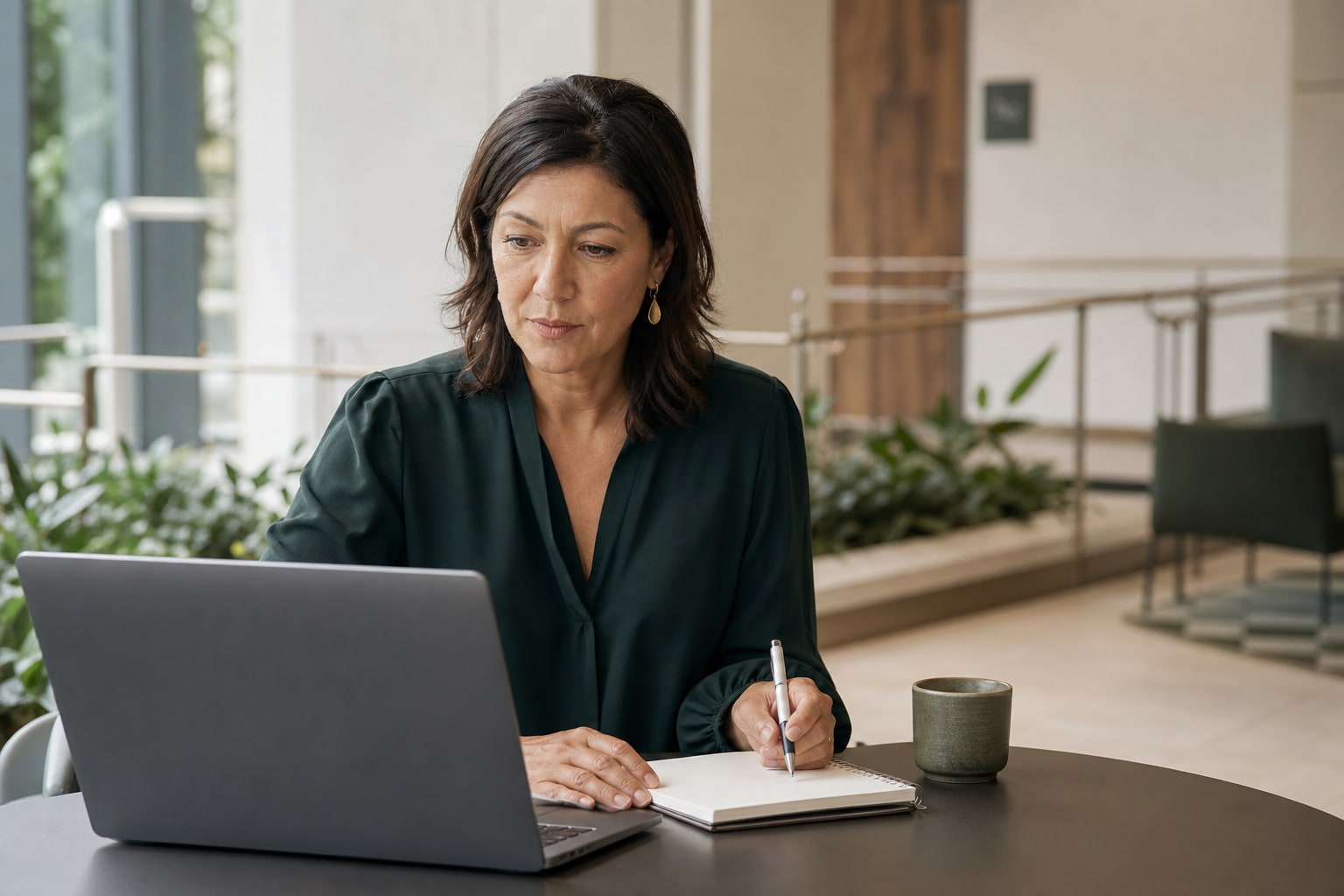 Experienced Australian professional reviewing information on a laptop and making notes in a contemporary civic workplace.
