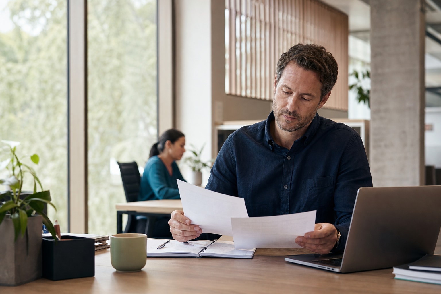Australian professional reviewing job options and making notes at a desk in a calm contemporary civic workplace.