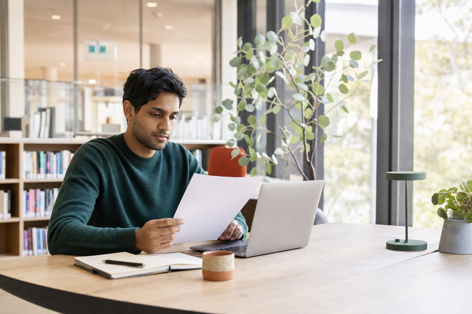 Early-career Australian professional reviewing a public-sector job advertisement in a bright community workspace.